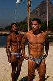 2-IN-1 MAUI SIDE TIE REVERSIBLE LOW RISE SWIM BRIEF - BLUE / ZIGZAG PRINT
